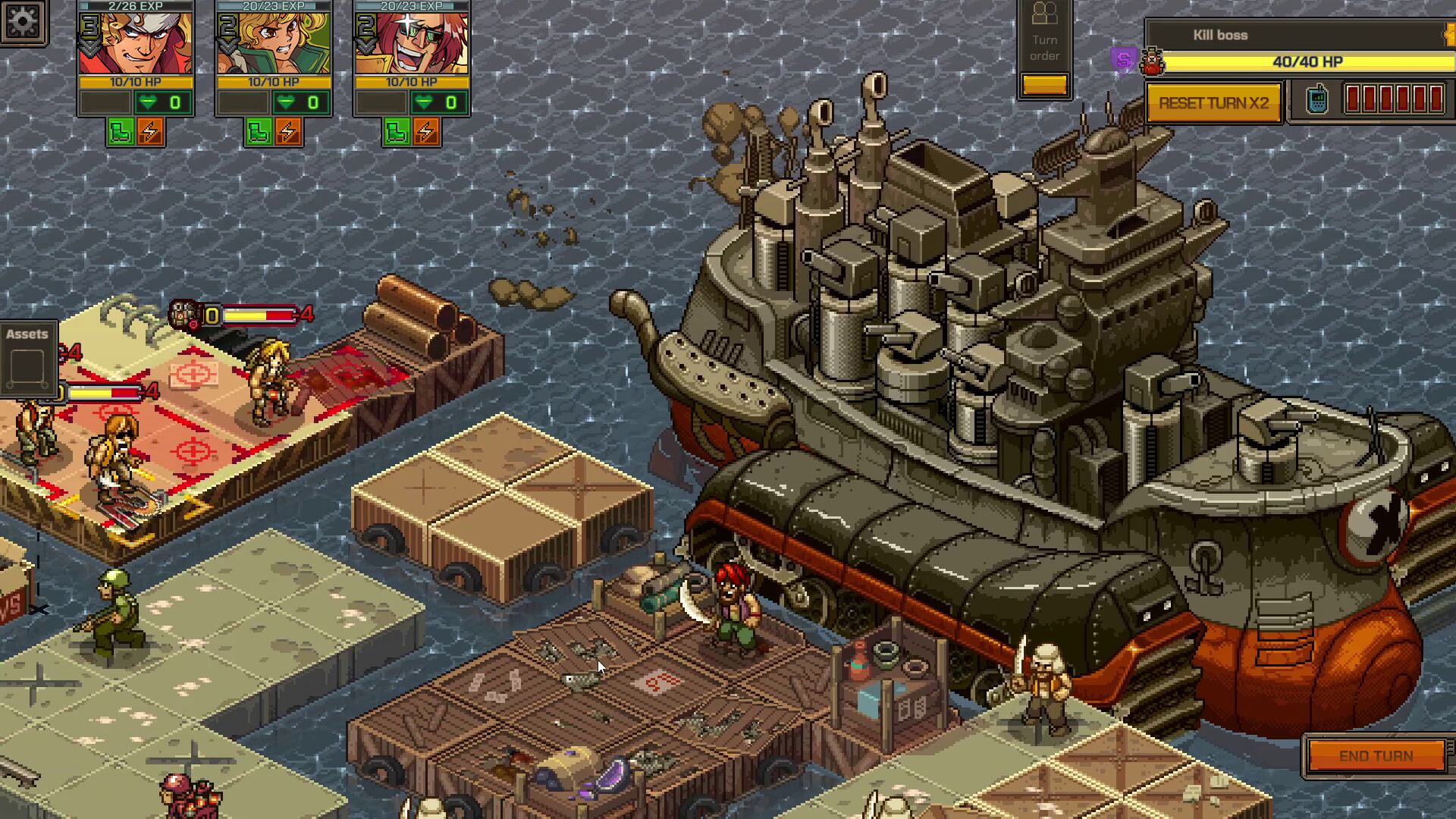 A battle in Metal Slug Tactics with a boat in the background