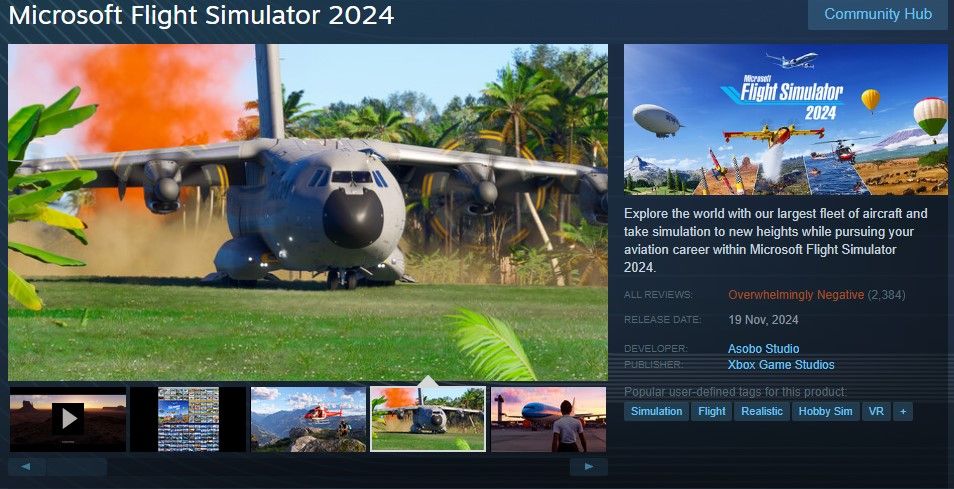 The Steam page of Microsoft Flight Simulator 2024 showing overwhelmingly negative reviews. 