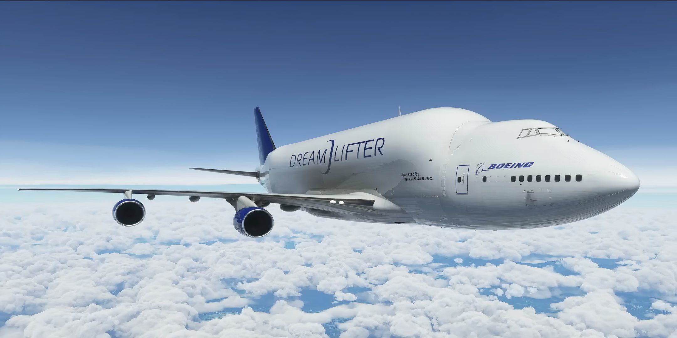 boeing dreamlifter flying above the clouds