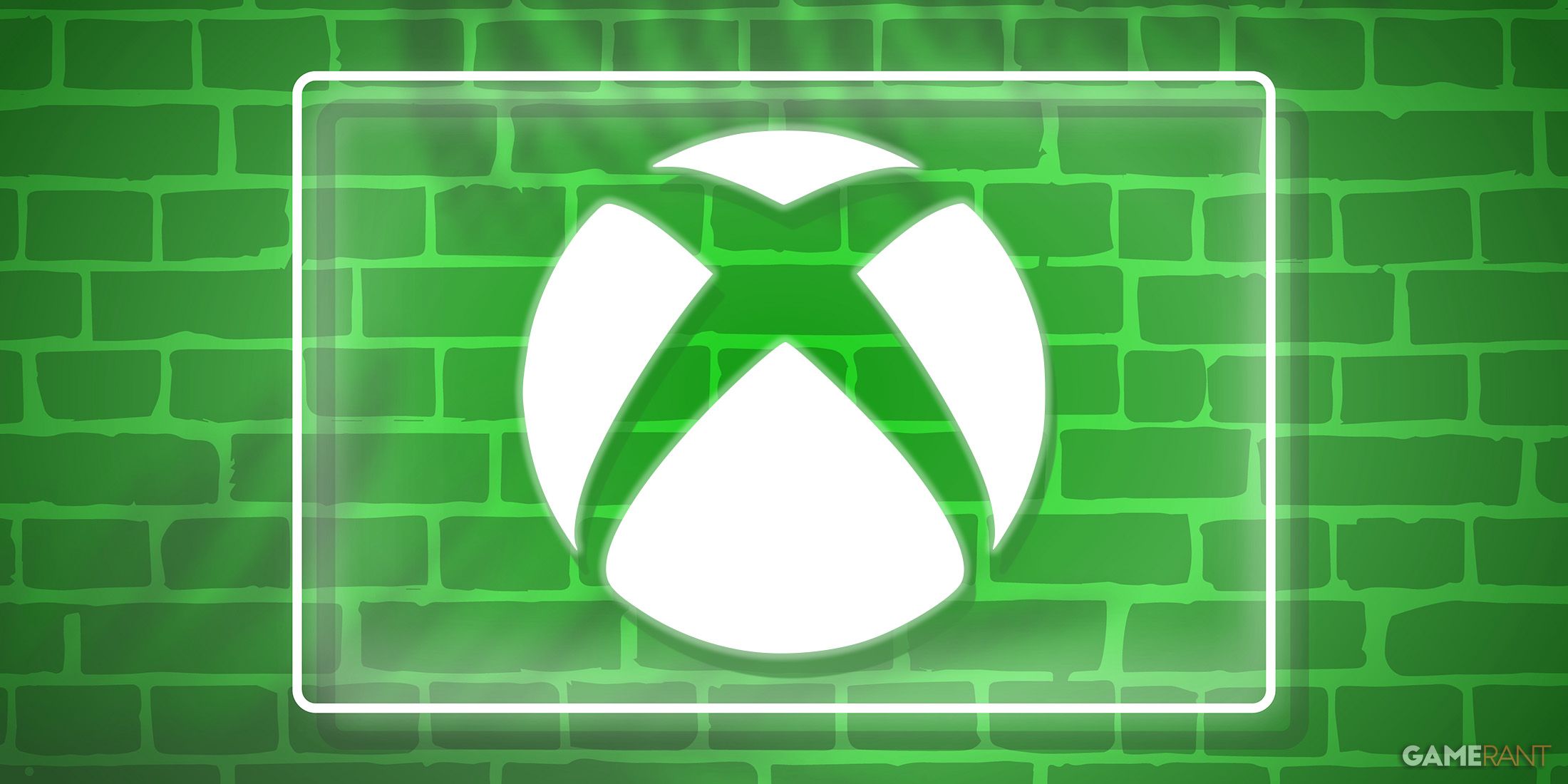 Xbox logo emblem submark neon sign on stylized brick wall 2x1 composite