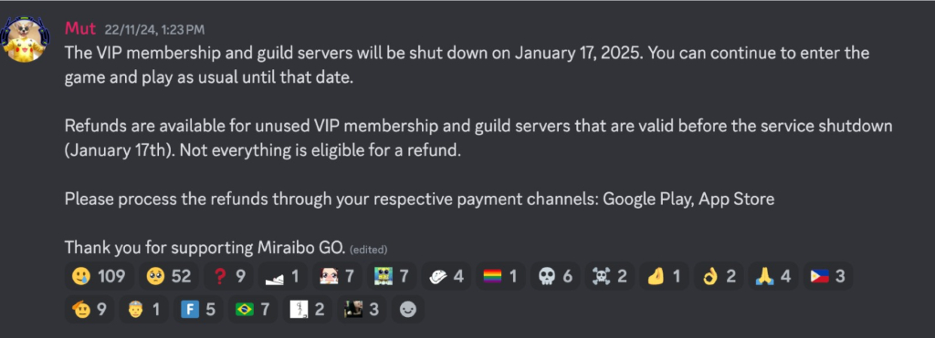 Miraibo Go shutdown announcement via Discord