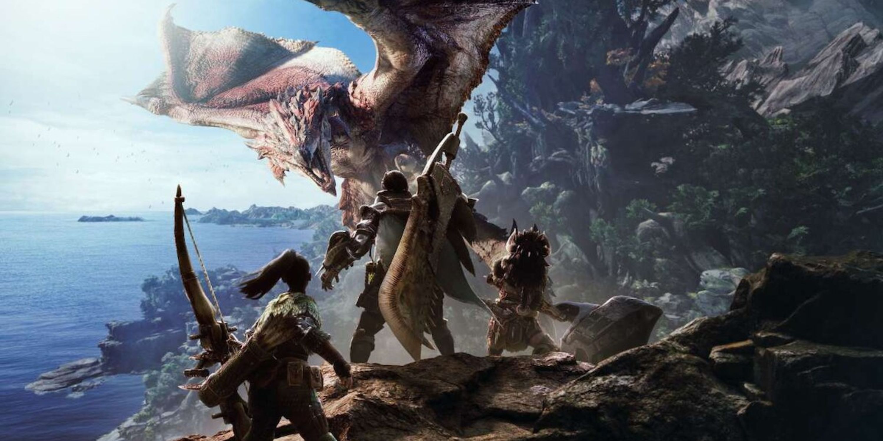 A group of hunters look at a Rathalos in flight