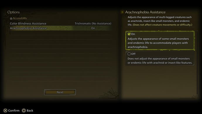 Screenshot of Monster Hunter Wilds menu showing Arachnophobia Assistance