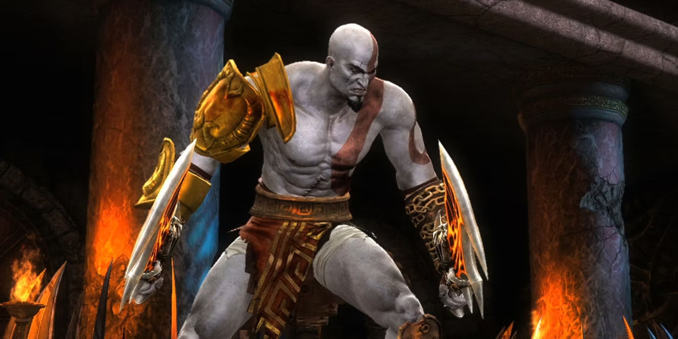 Original Kratos in Mortal Kombat 2011 holding his two blades