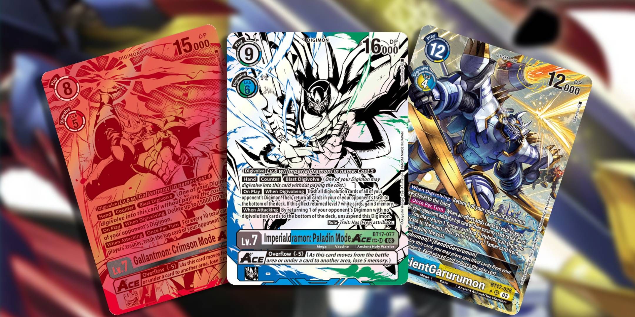 Featured image for Most Valuable Cards In BT17 Secret Crisis with Imperialdramon Paladin Mode ACE, AncientGarurumon, and Gallantmon Crimson Mode ACE fanned out with a gaussian blurred background from the Digimon 