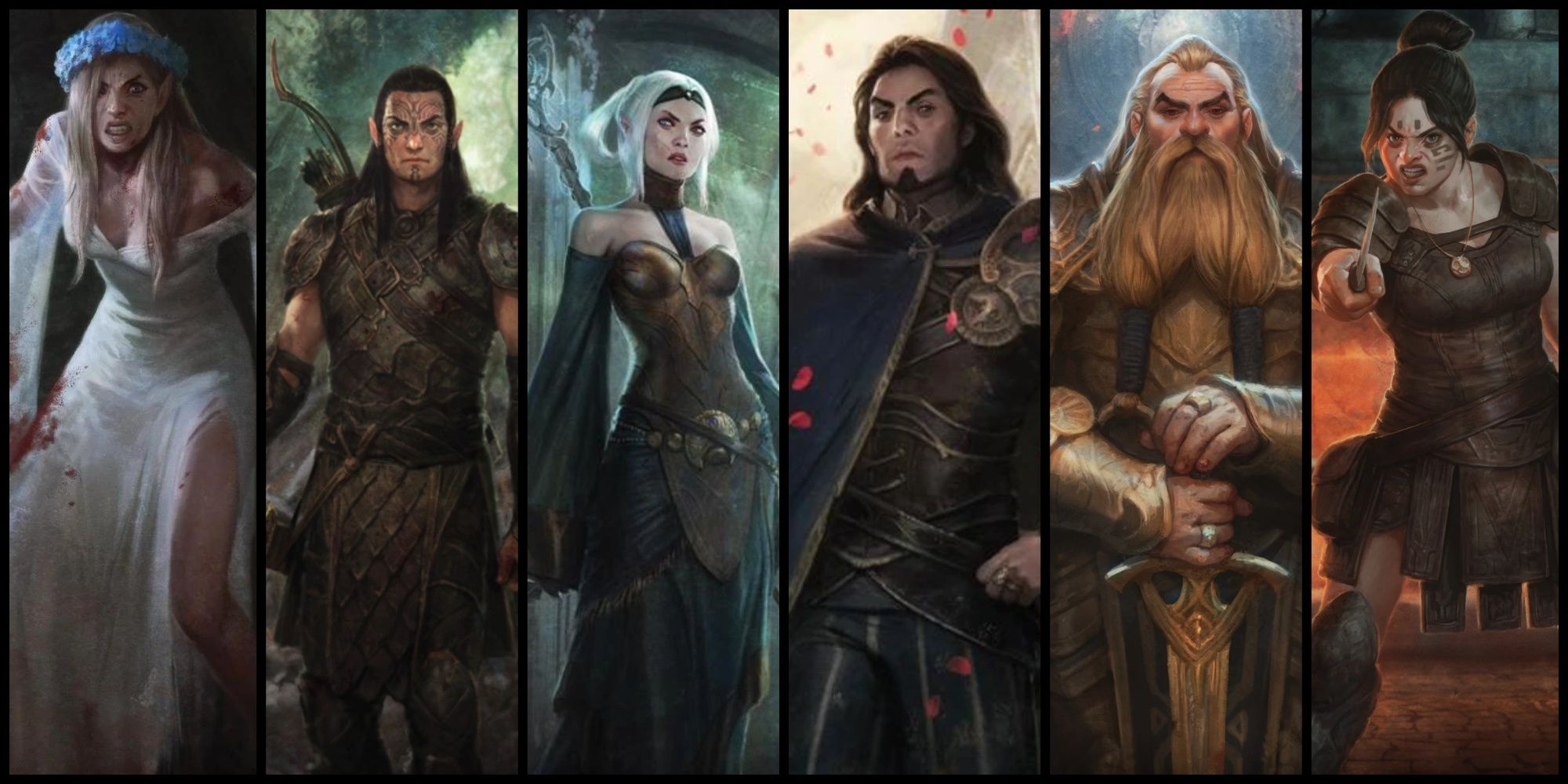 Concept artwork of the six choosable character origin stories in Dragon Age: Origins side by side