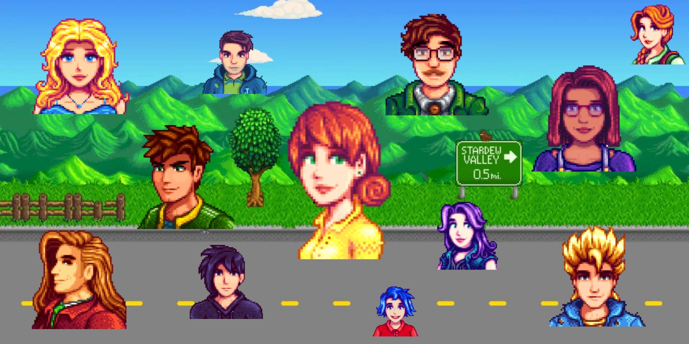 stardew valley - all stardew characters with stardew background