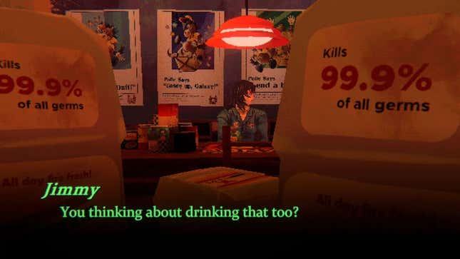 A woman sits at a table surrounded by mouthwash with on-screen text that reads "Jimmy: You thinking about drinking that too?"