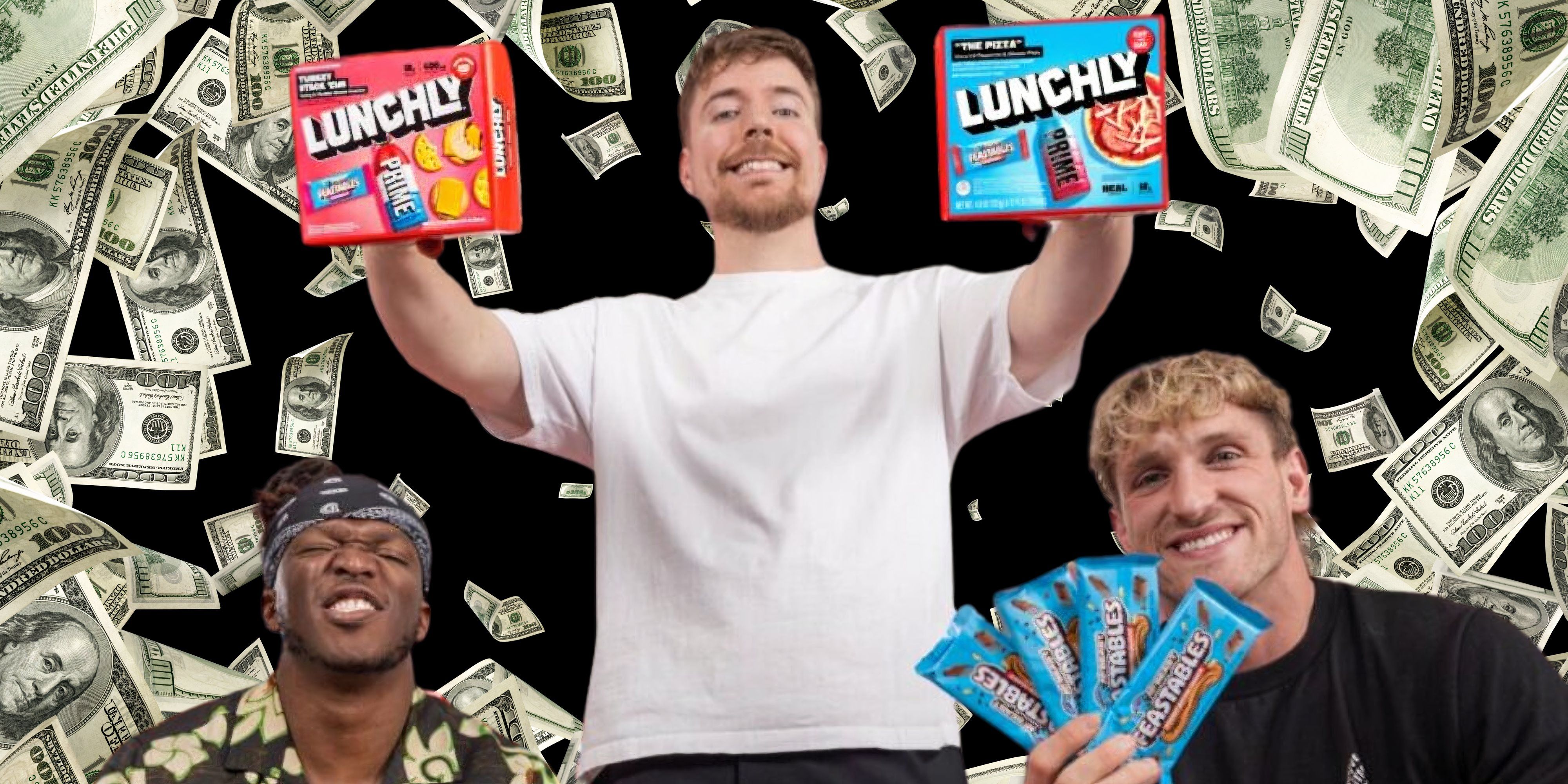 MrBeast, KSI, and Logan Paul with Lunchlys and cash