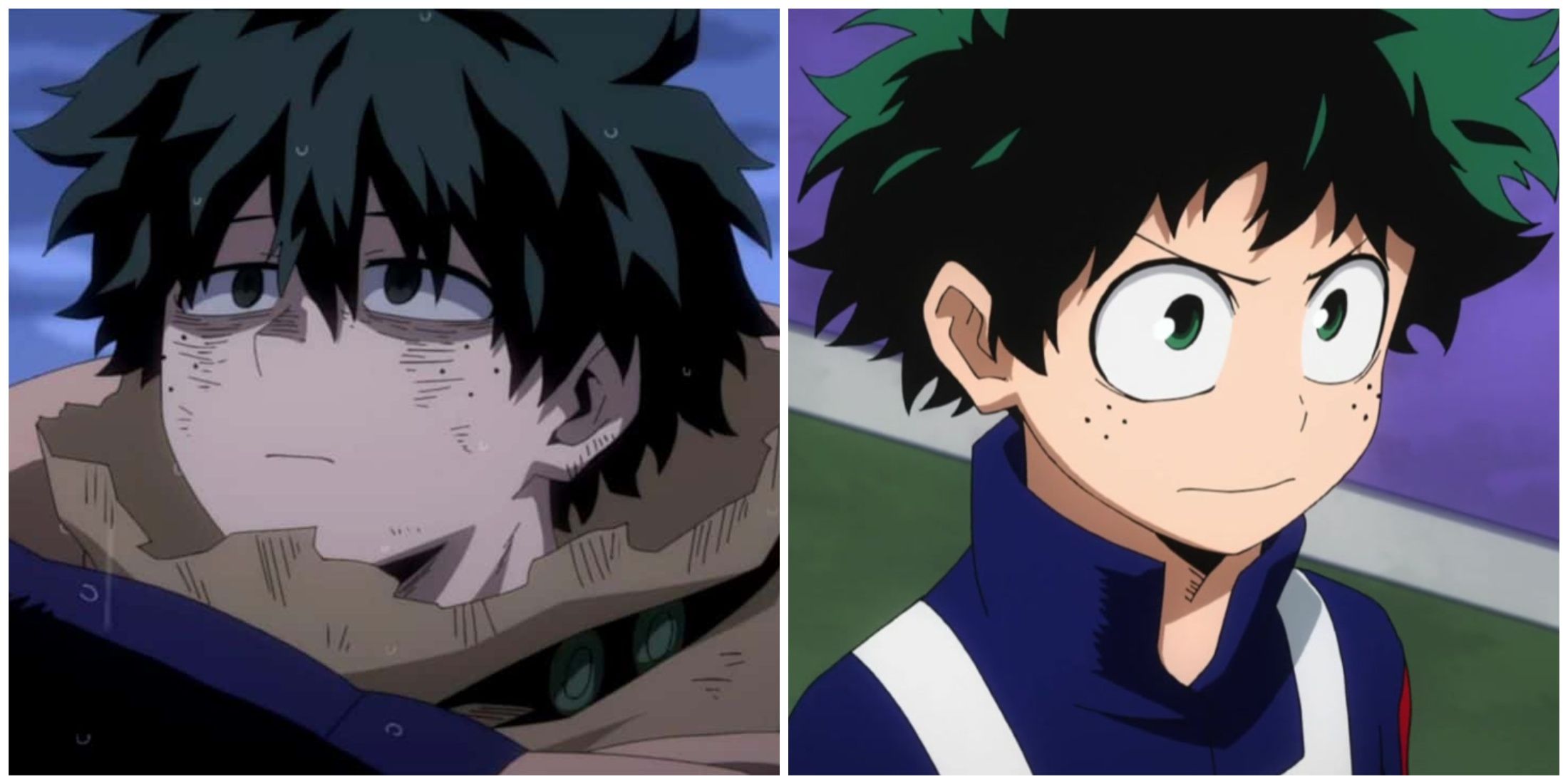 Split image of Deku in Season 6 and in Season 1 in My Hero Academia