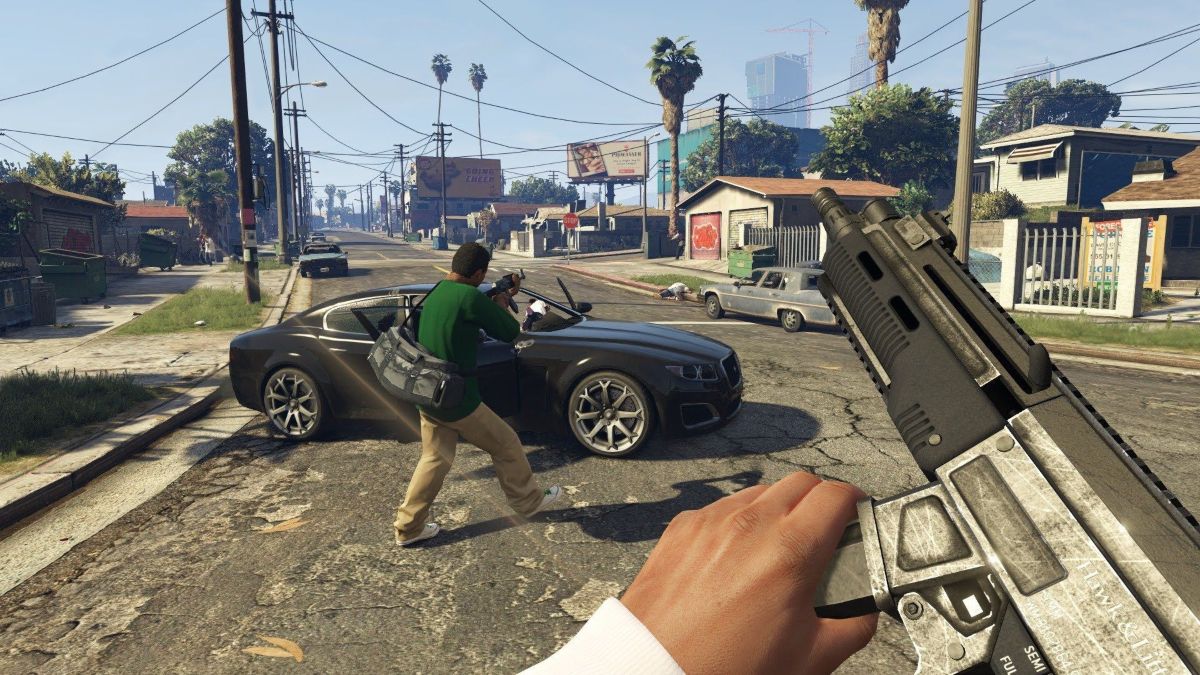 A first person view of a gunfight In the streets of GTA 5.