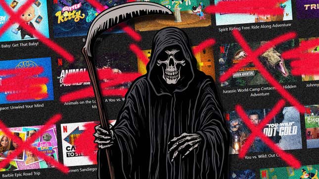 An image shows the Grim Reaper in front of soon to be removed Netflix shows. 