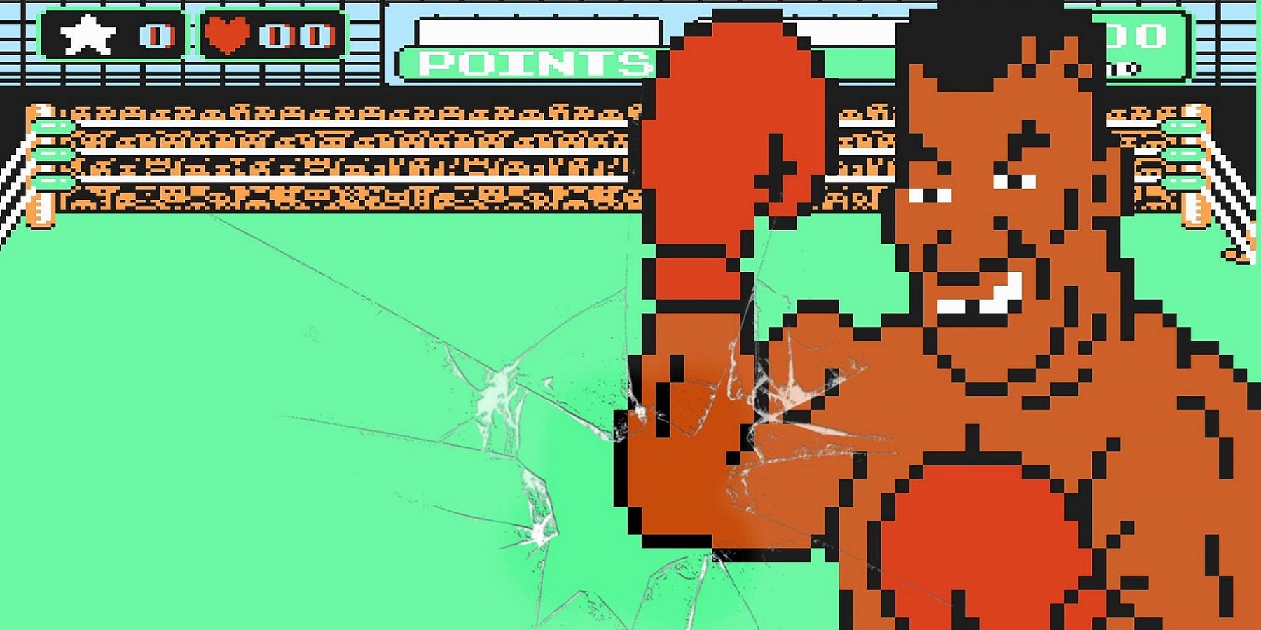 Image from Punch-Out showing Mike Tyson close to the screen with a pretend crack in it.