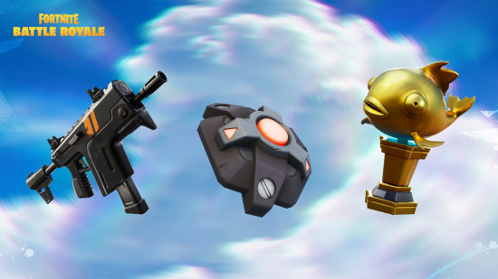 An SMG, a grenade, and a Mythic Goldfish, three of the weapons in the new Fortnite season.