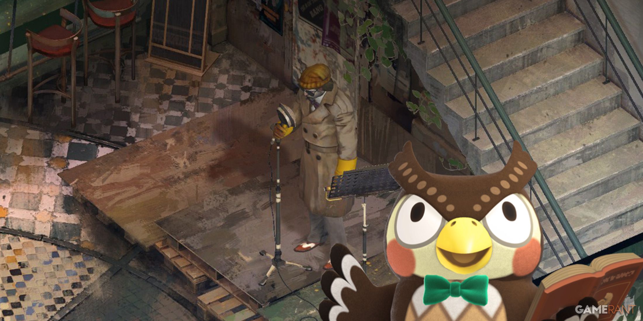 Disco Elysium karaoke with surprised-looking Blathers from Animal Crossing New Horizons 2x1 composite