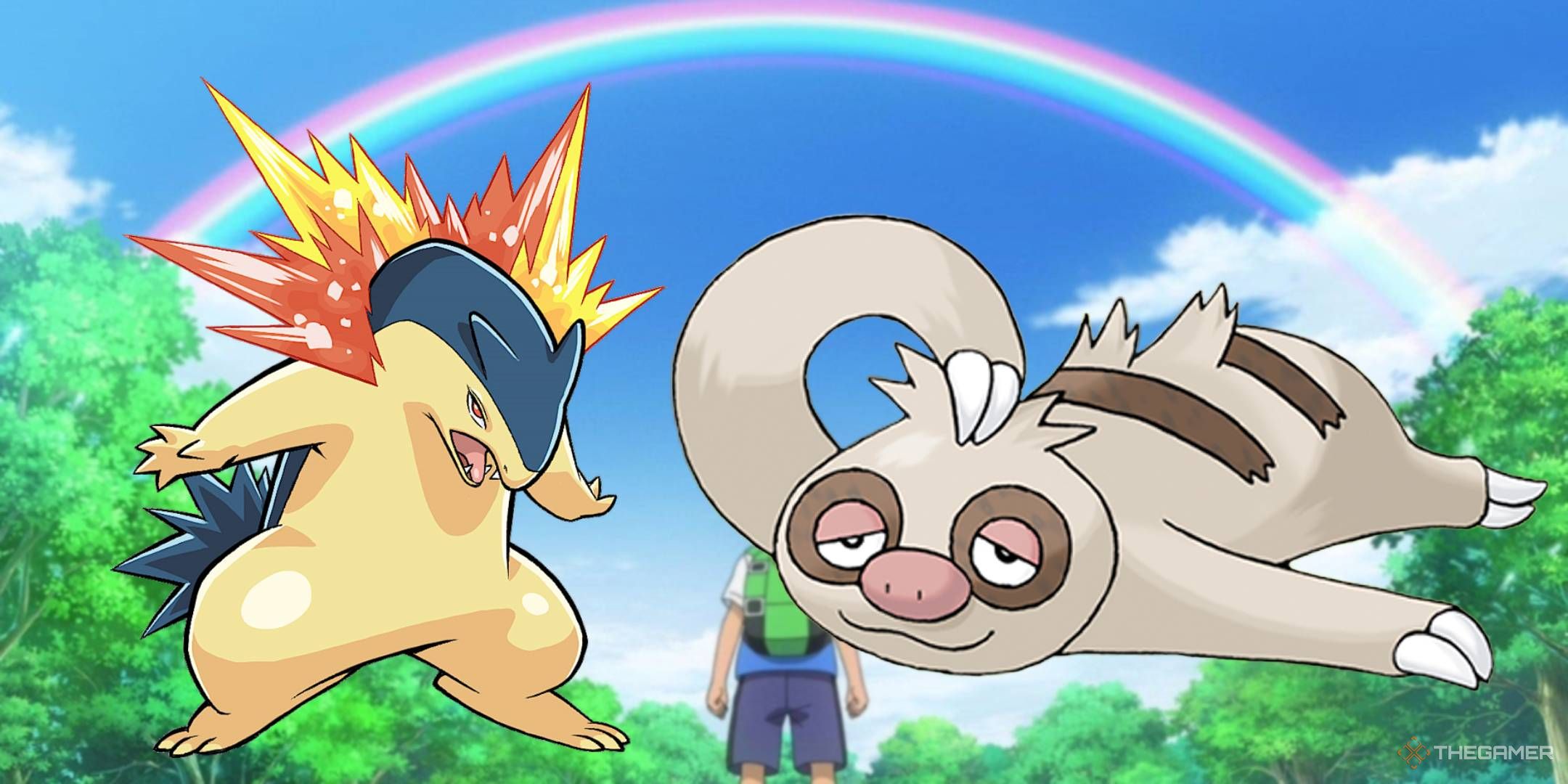 slakoth and typhlosion pokemon in front of a rainbow