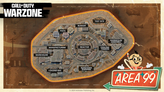 The oval shaped new Warzone map, Area 99, featuring the names of the map's ten POIs.