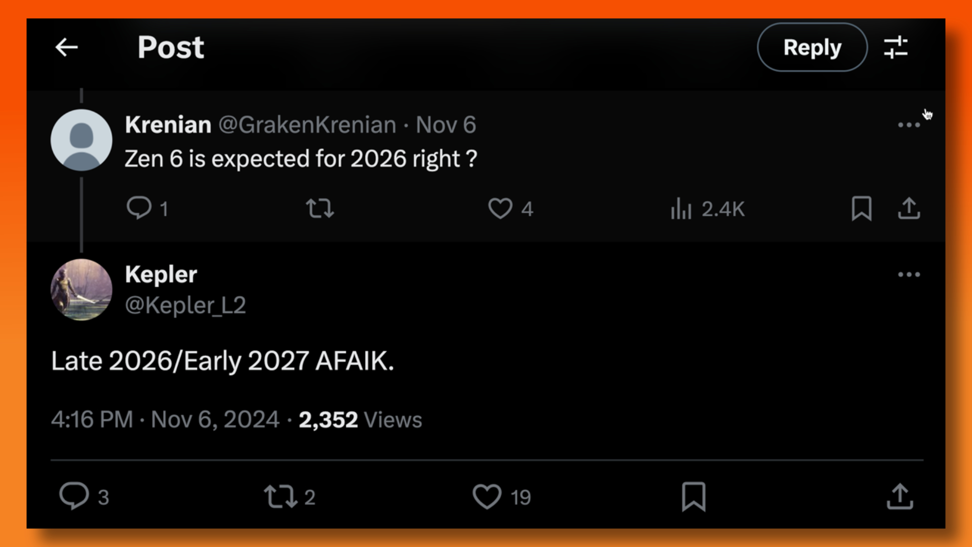 Kopler_L2 on X/Twitter suggesting that new AM5 Zen 6 Ryzen CPUs will come in late 2026 to early 2027