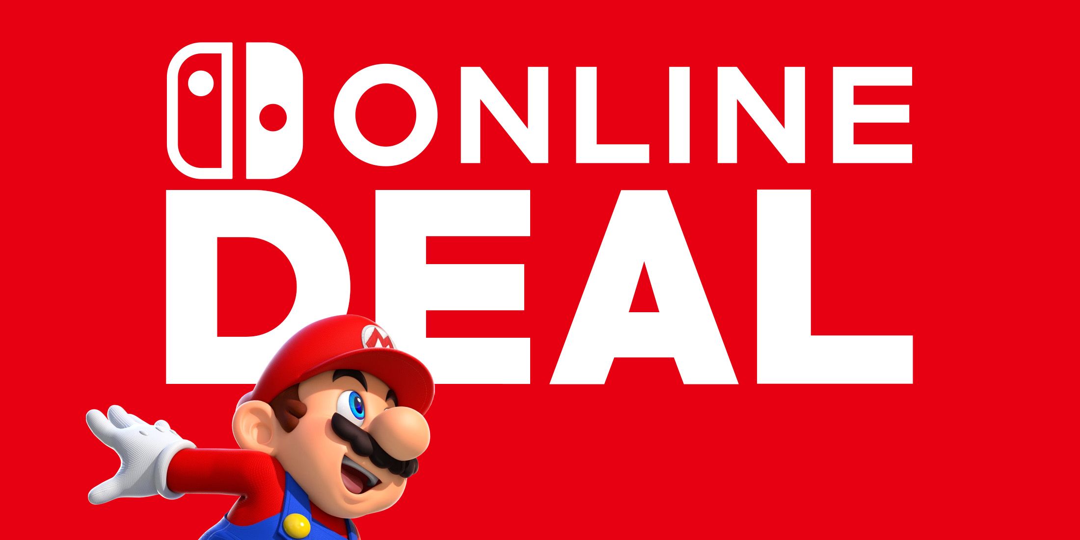 Nintendo Switch Online NSO Deal tagline on red background with Super Mario looking up 2x1 composite