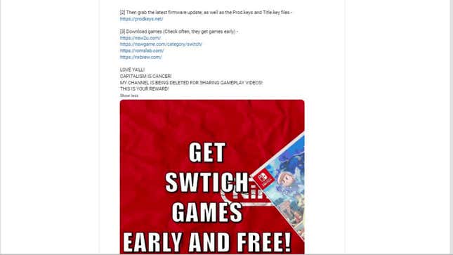 A screenshot of the Nintendo lawsuit shows a post about pirating games. 