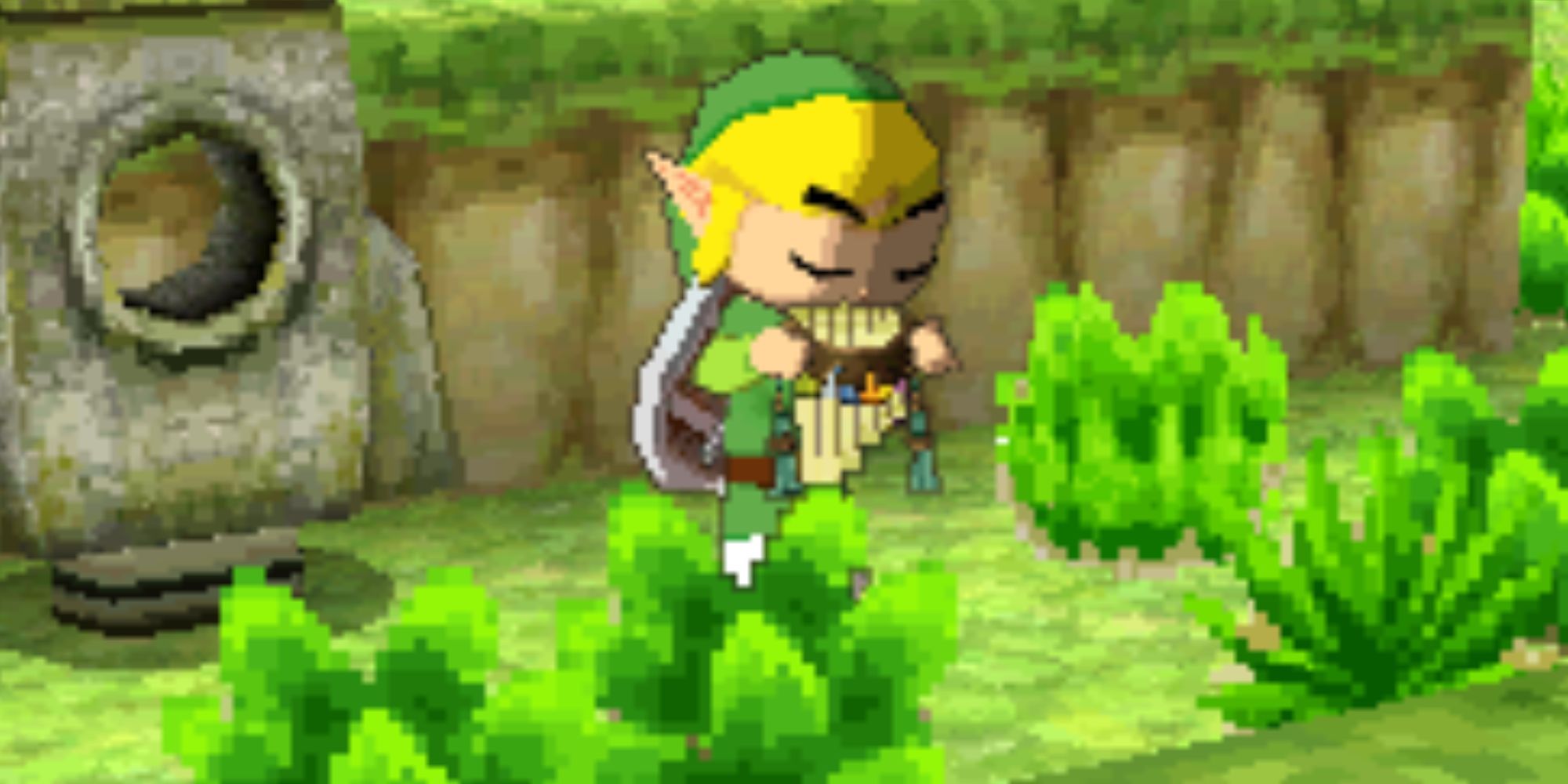 Toon Link plays the Spirit Flute outside by an Air Stone.