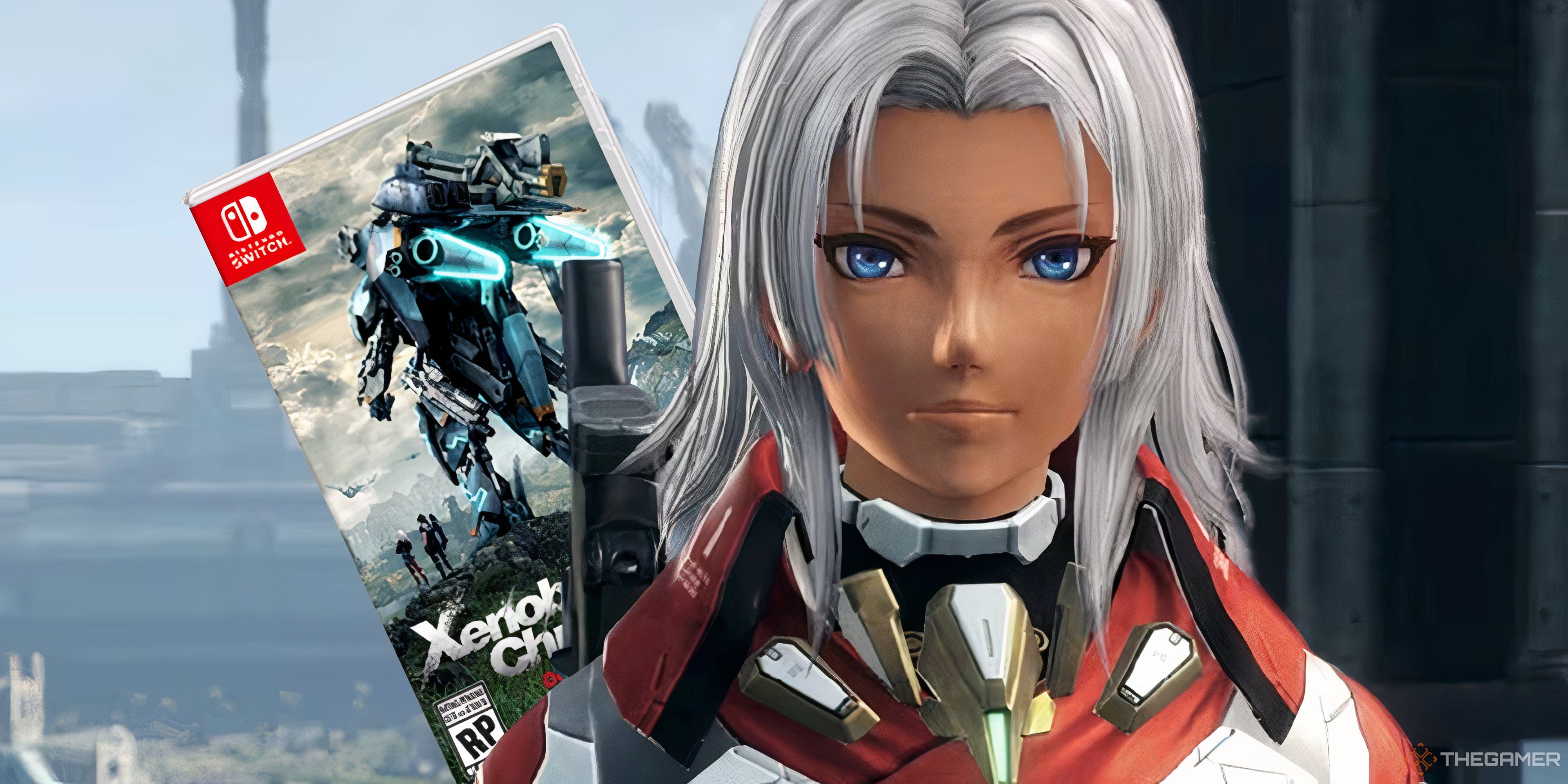 xenoblade chronicles x character with a copy of the definitive edition behind them