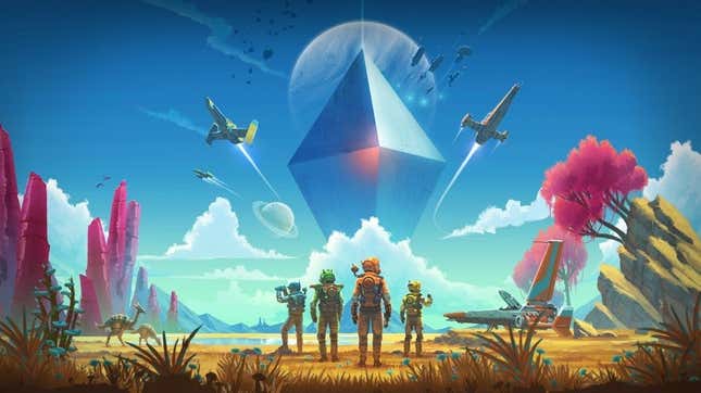 No Man's Sky explorers appear on a strange planet in its marketing art. 