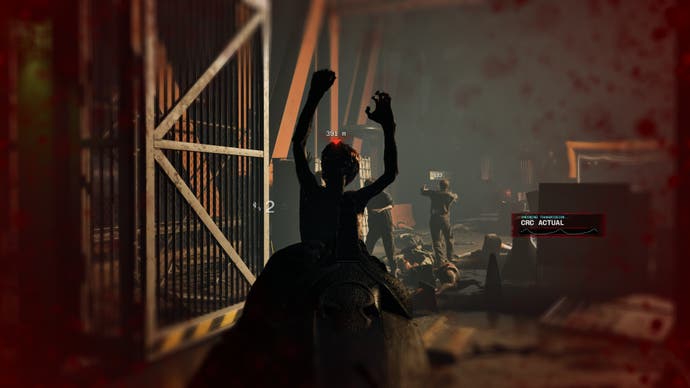 A screenshot of No More Room In Hell 2, showing the player aiming down the sights of their rifle at a zombie with its arms raised aloft.