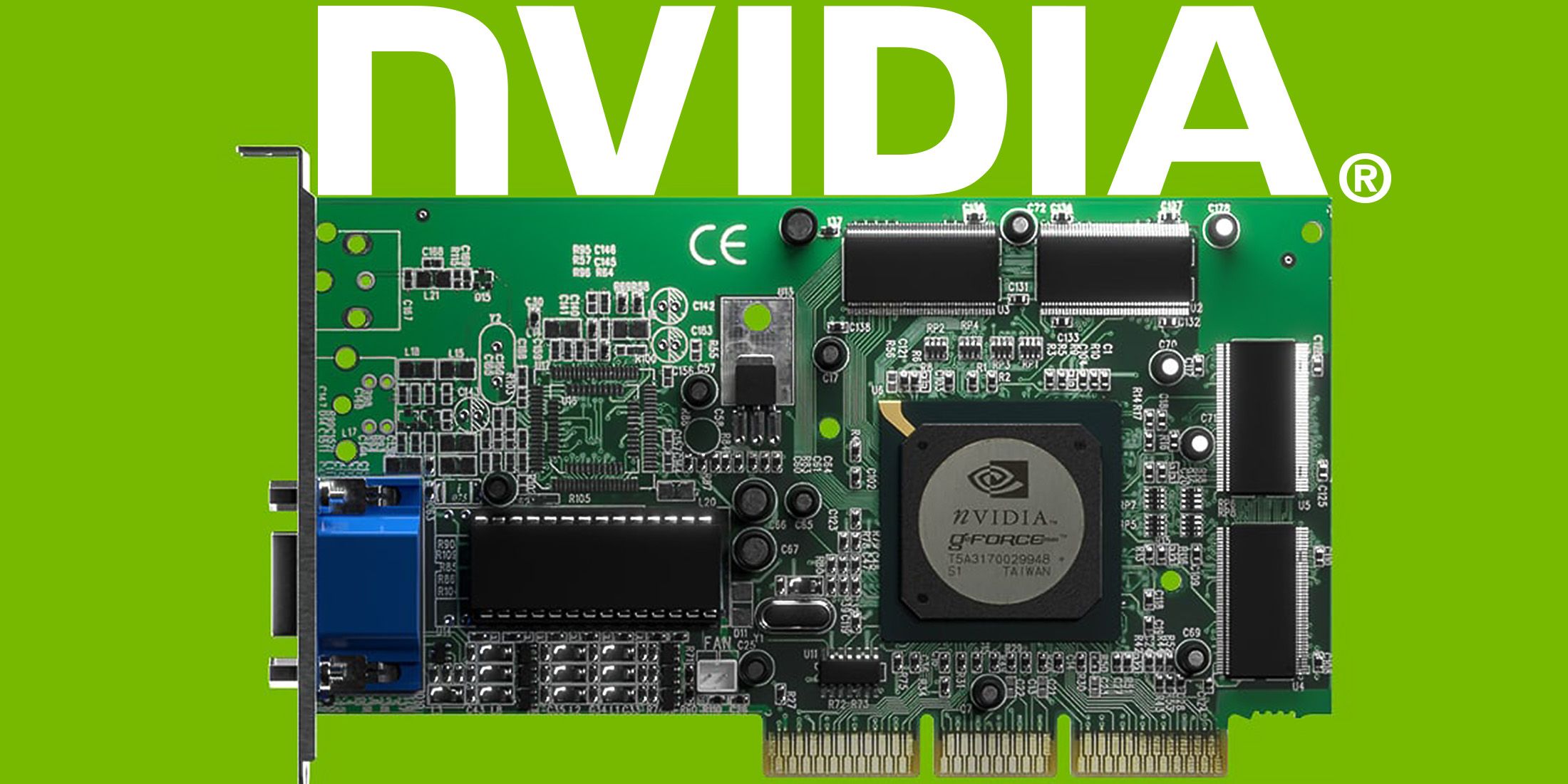 GeForce 256 GPU on green background below white Nvidia logo