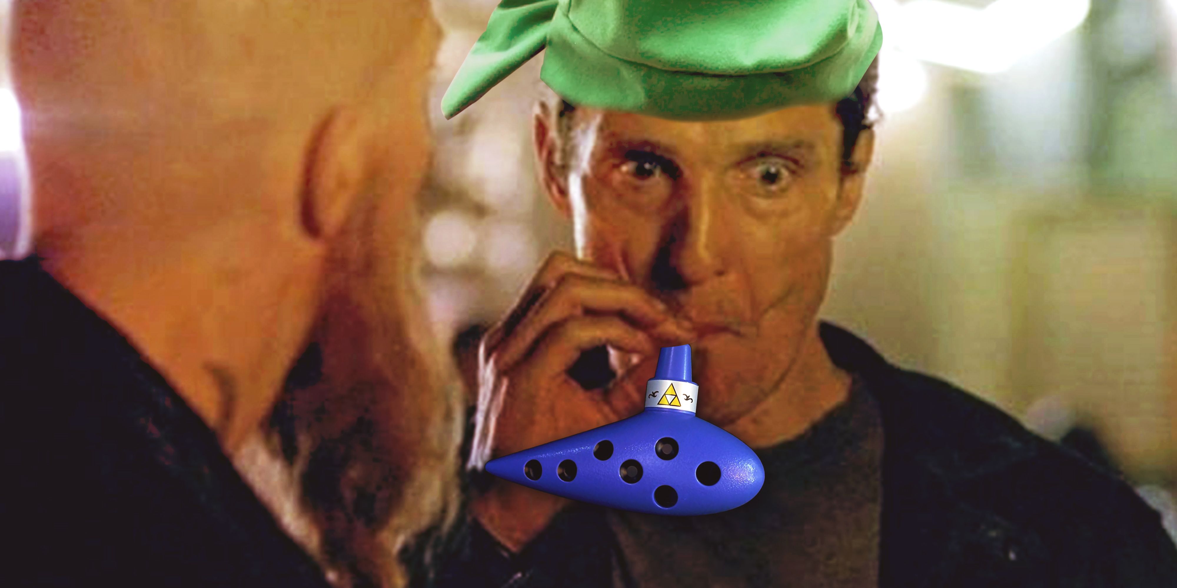 Matthew McConaughey in True Detective intensely smoking but the cigarette has been replaced by an ocarina, and he's wearing Link's green hat