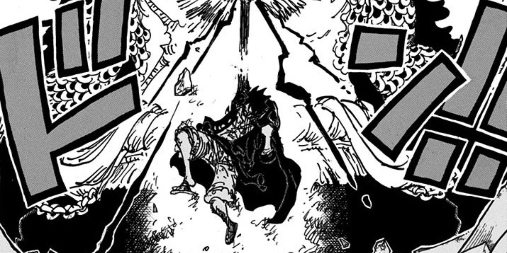 Luffy attacks Kaido with his advanced Conqueror's Haki attack.