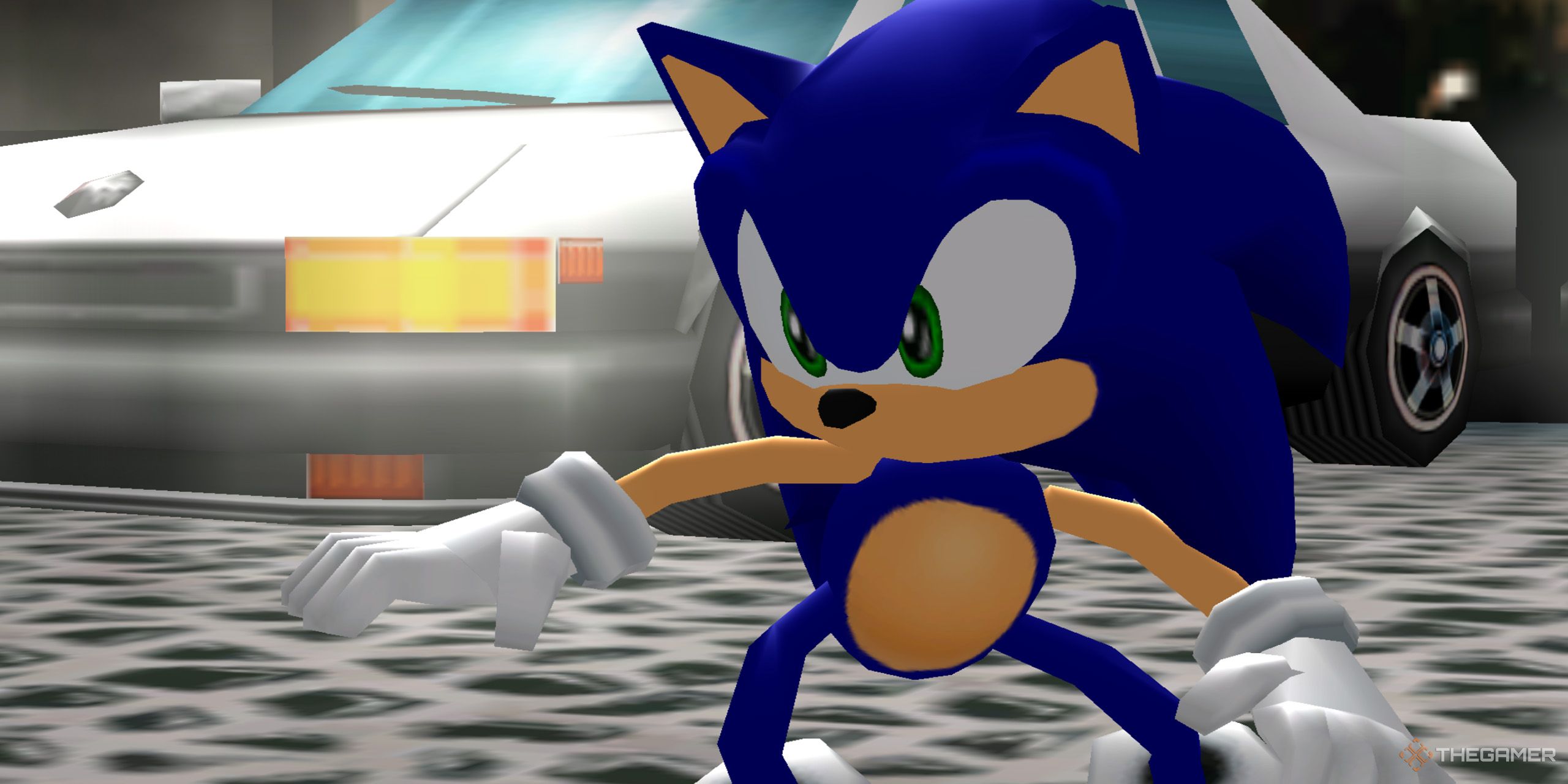 Sonic standing in front of a police car from Sonic Adventure DX.