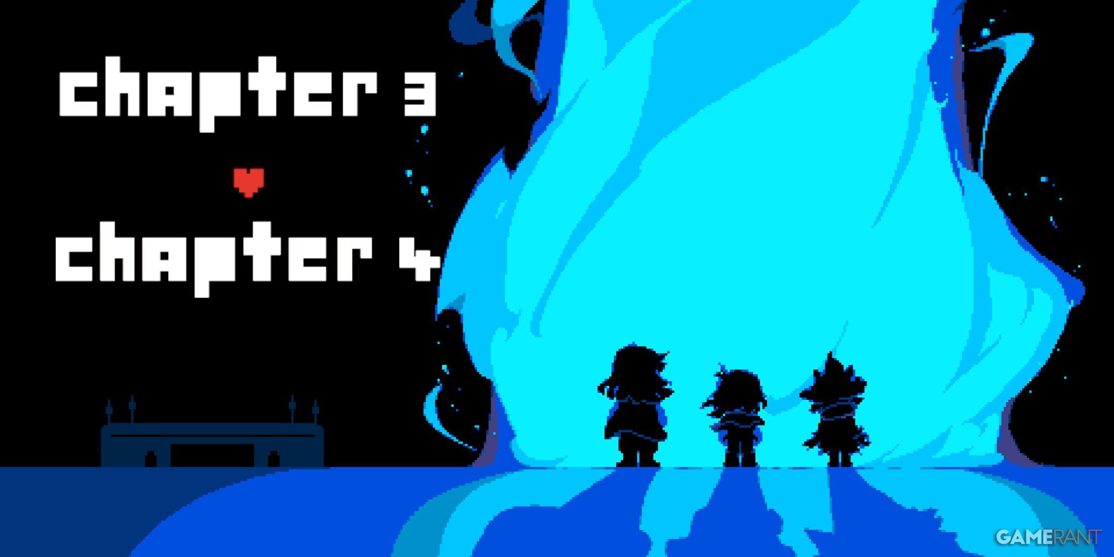 Official Deltarune promotional wallpaper featuring Susie, Kris, and Ralsei. Deltarune font features the words 