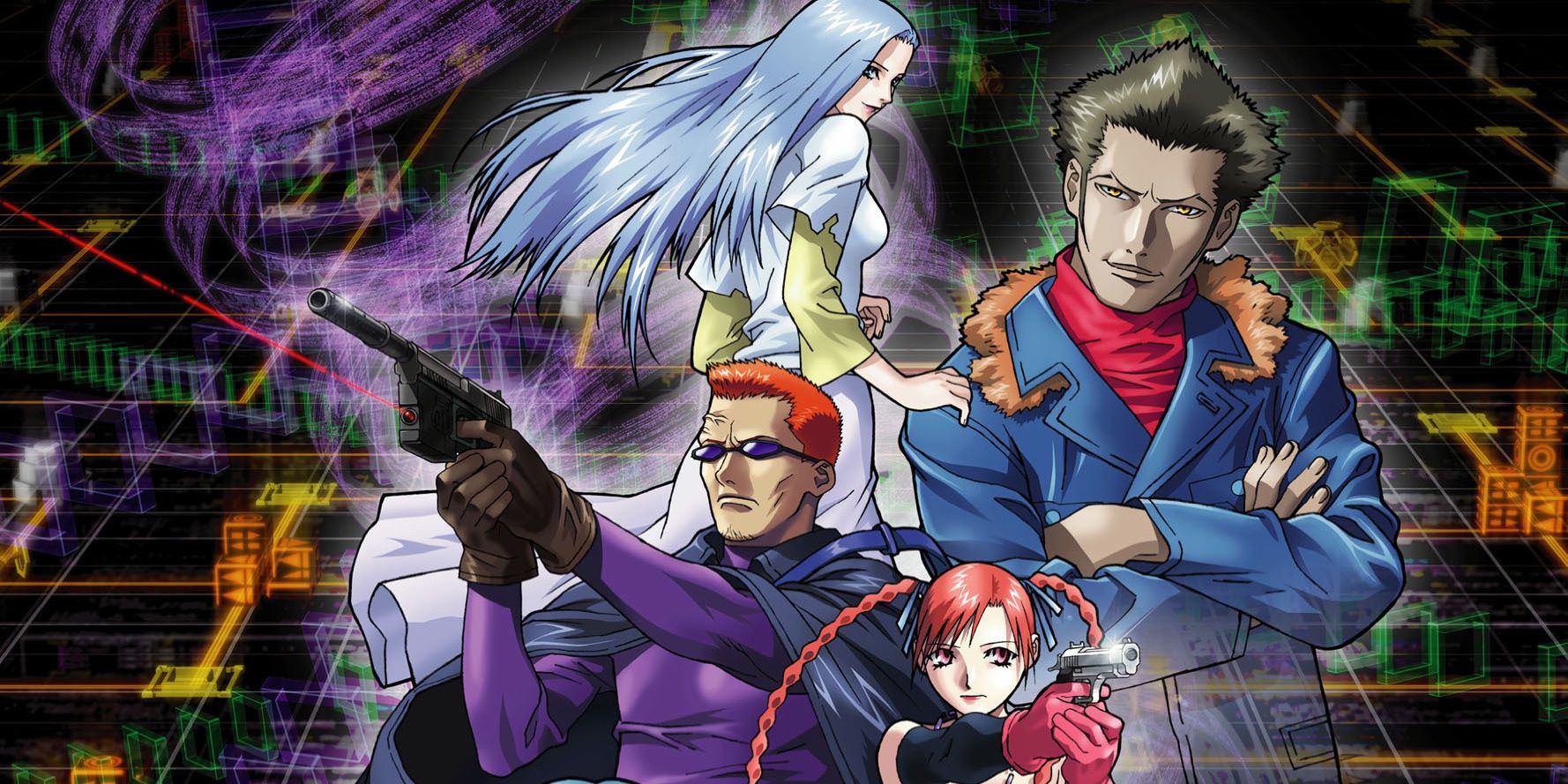 The cover art for Shin Megami Tensei Nine showing a series of characters aiming weapons