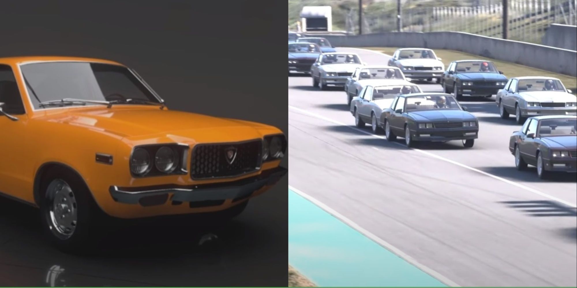 Forza Motorport split image with 1973 mazda rx-3 options screen, 1988 chevrolet monte carlo super sport on track forza motorsport