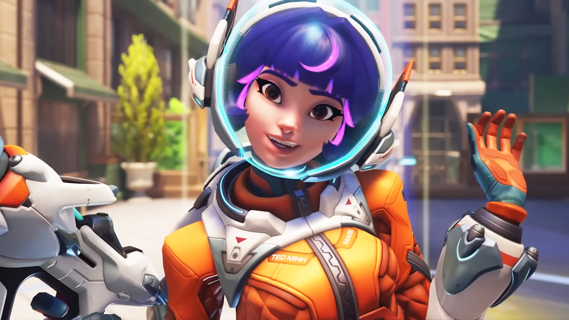 Overwatch 2 tier list: Juno with her purple hair and orange space suit