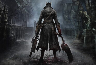 Bloodborne screenshot of The Hunter player-character with their back to us, wielding a bladed in their right hand and an a ranged weapon in their left