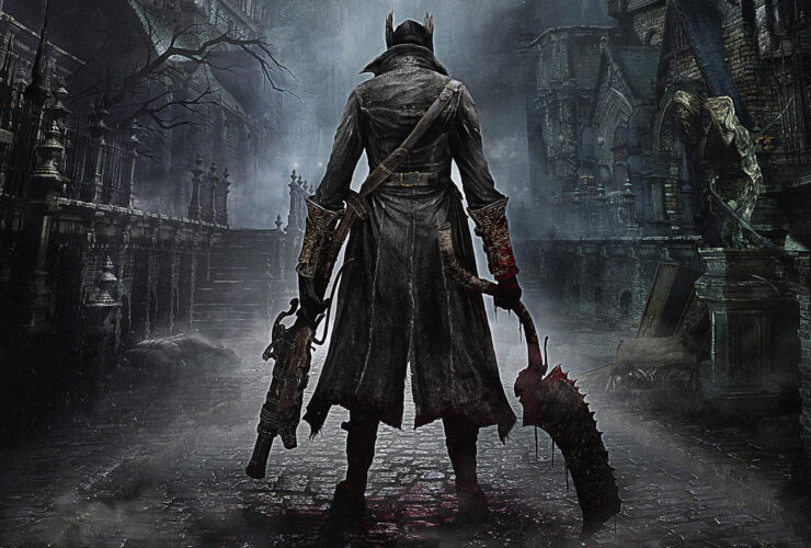 Bloodborne screenshot of The Hunter player-character with their back to us, wielding a bladed in their right hand and an a ranged weapon in their left
