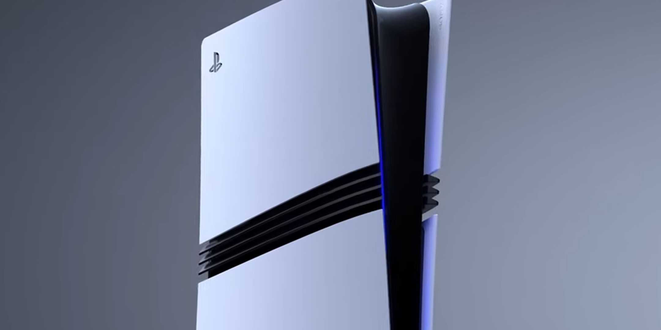 A close-up of the PS5 Pro over a grey background.