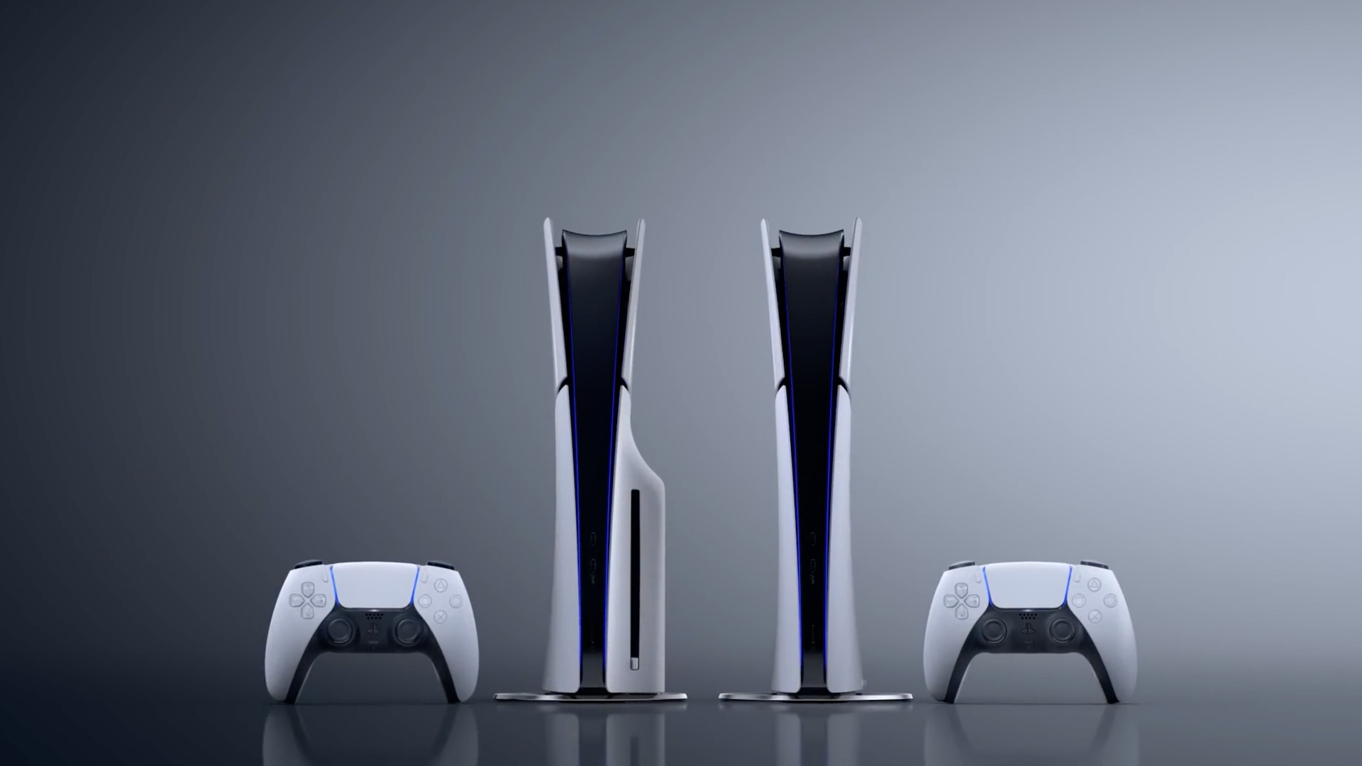 Two PS5 Slims standing vertically, one with a disc drive and one without.