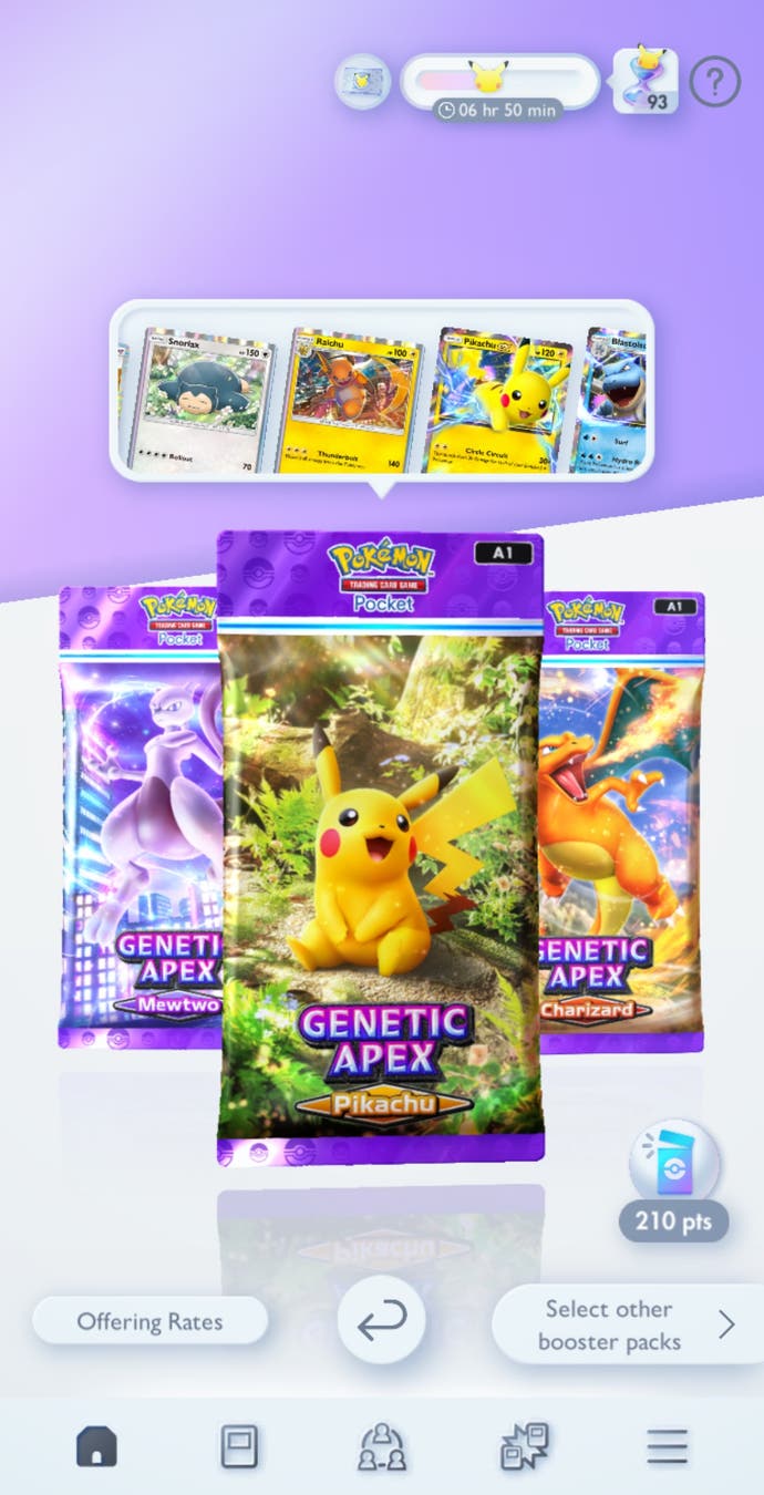 Pokémon TCG Pocket screenshot showing booster pack selection page