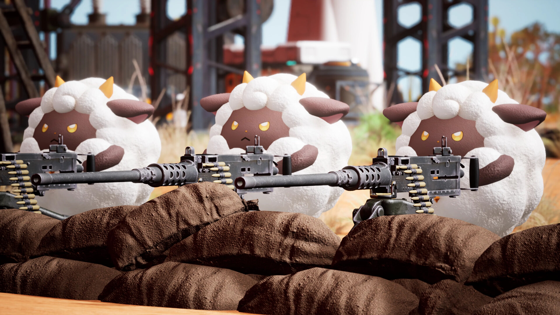 Palworld's sheeps using a machine gun.