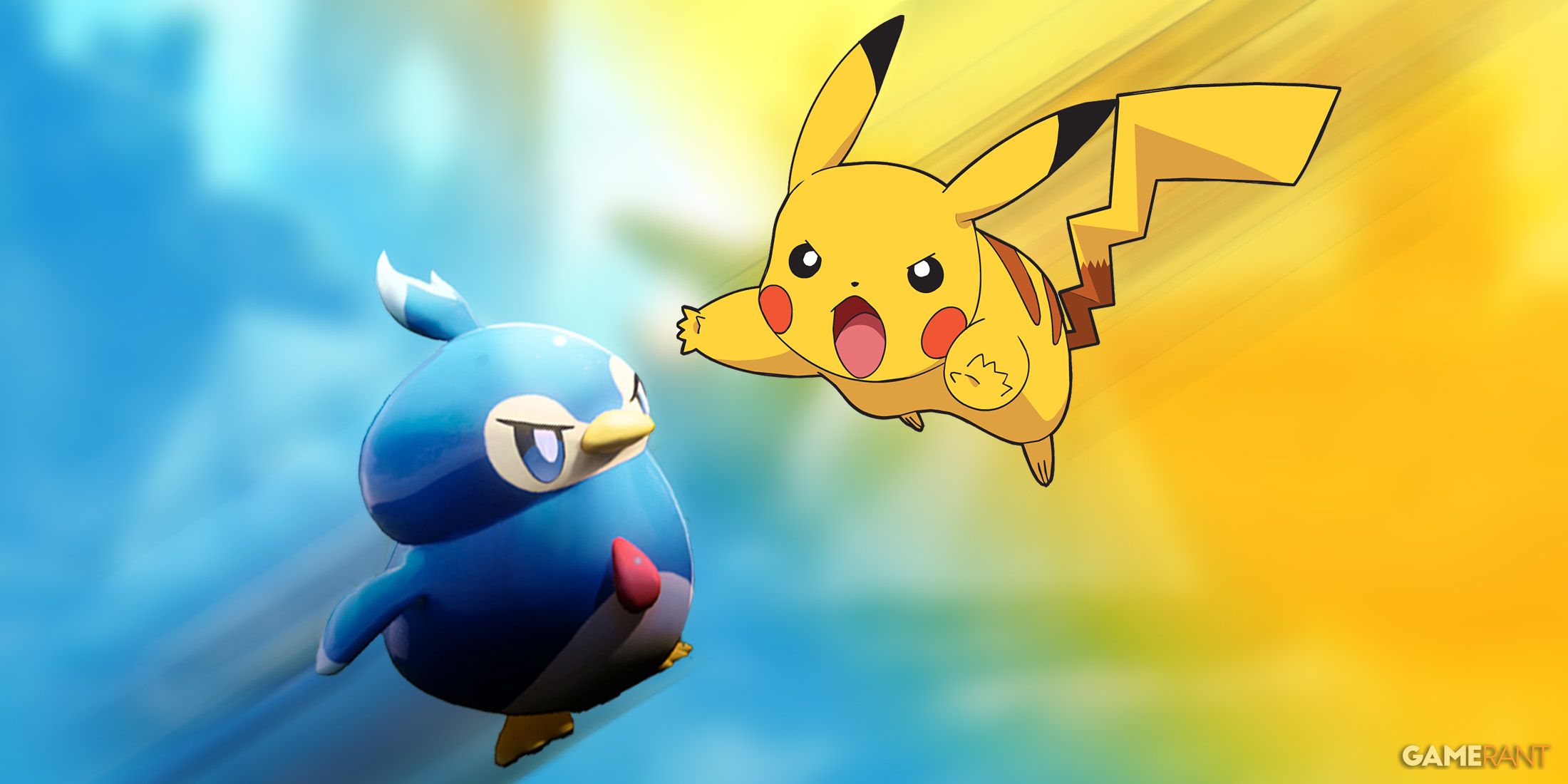 Palworld Pengullet vs Pikachu clashing on gradient background 2x1 composite