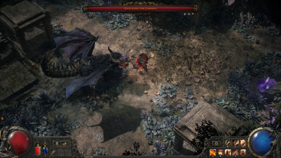 Path of Exile 2 Warrior class: a birds eye view of a fight between a hulking warrior and a gigantic chimera.