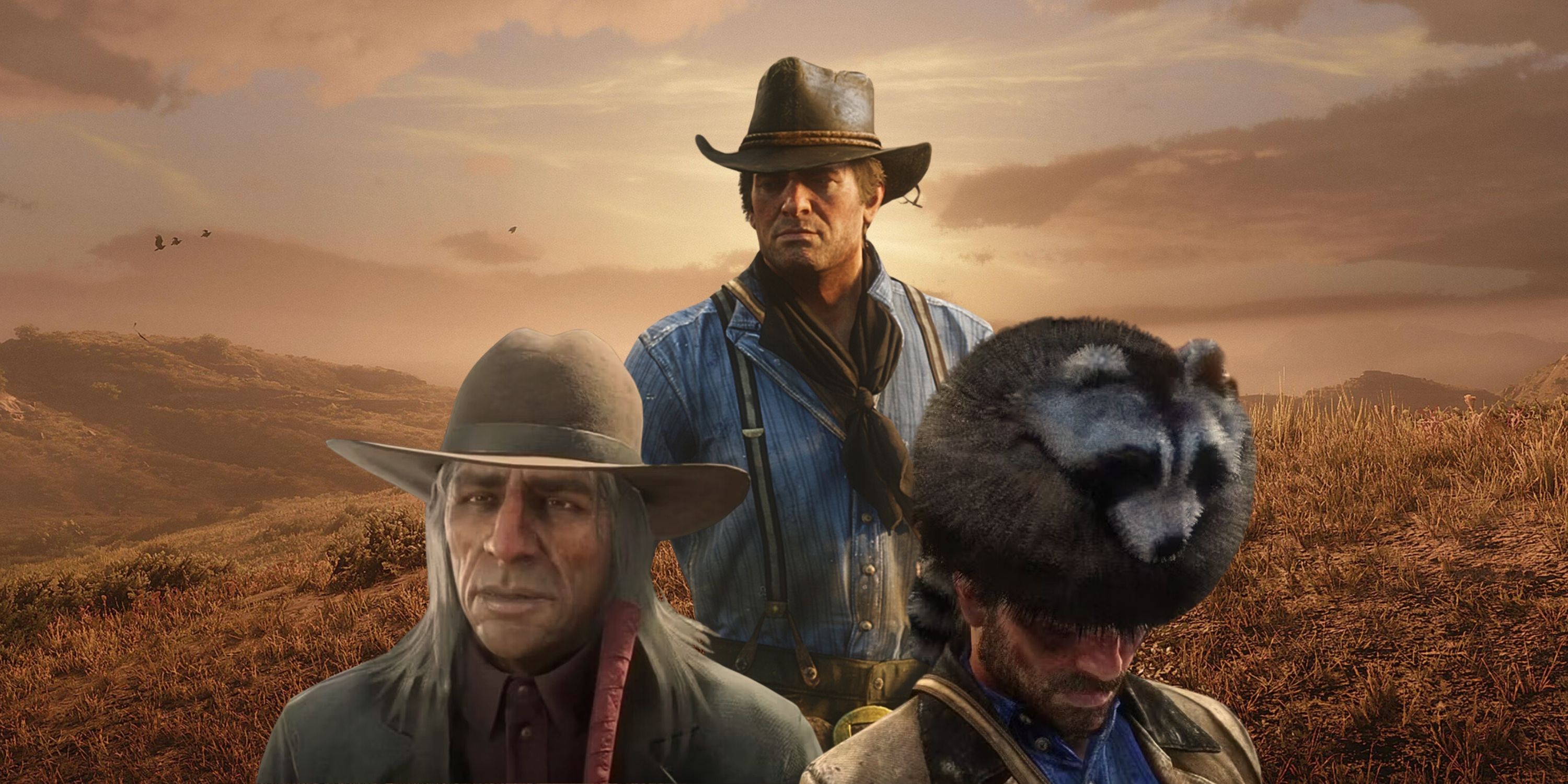 Collage image featuring three character stills from Red Dead Redemption 2 set in front of a sunset landscape screenshot