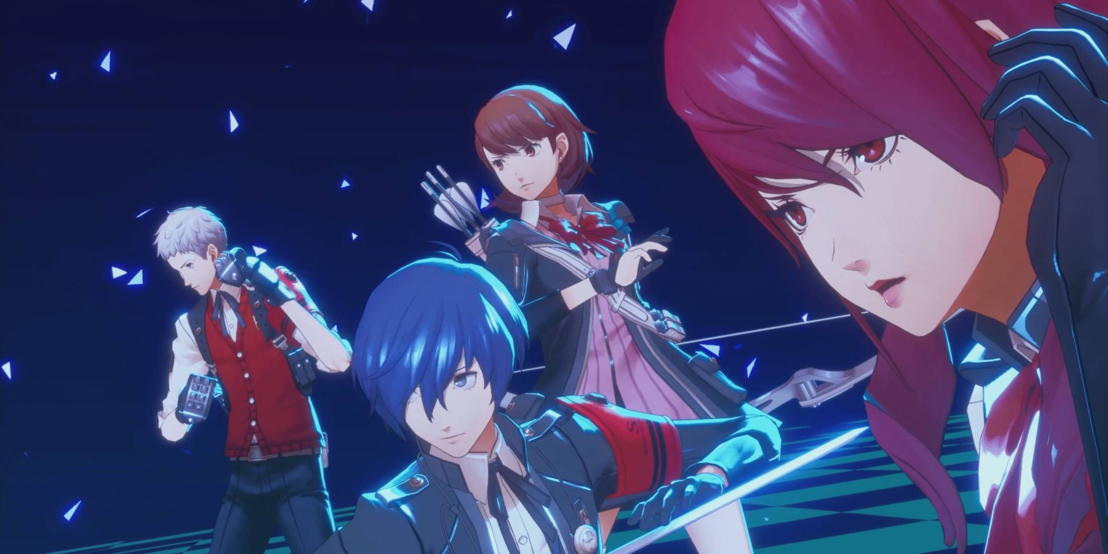 Akihiko, the Protagonist, Yukari, and Mitsuru from S.E.E.S. in Persona 3 Reload