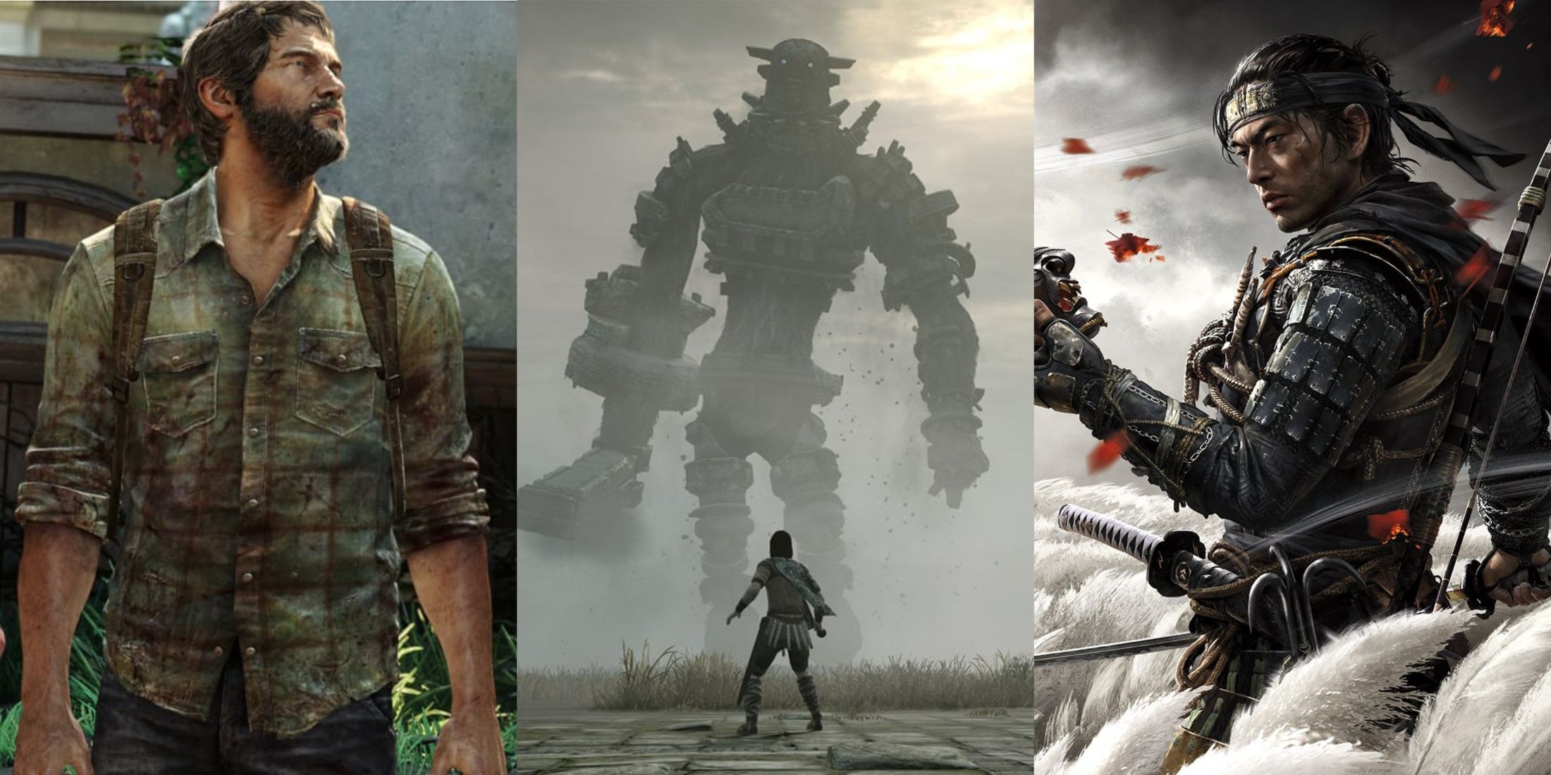 Stills of The Last Of Us, Shadow of the Colossus, and Ghost of Tsushima