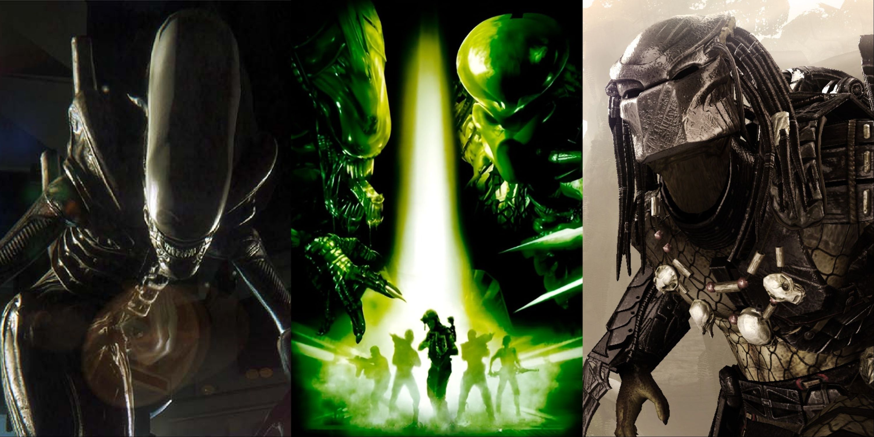 Split image of Alien Isolation, Aliens Versus Predator Extinction, and Aliens Versus Predator (2010)