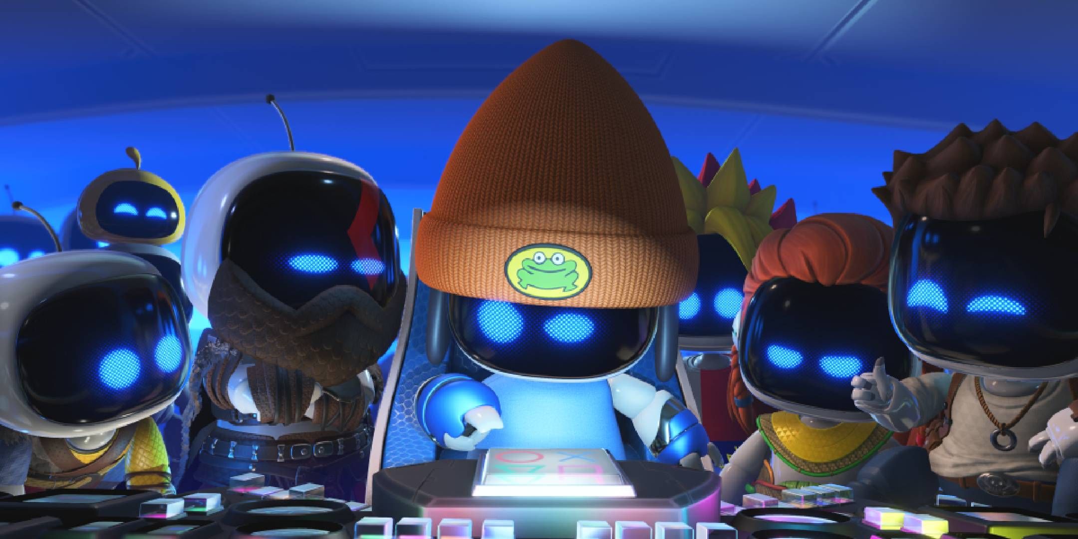 Astro Bot surrounded by cameo bots lit up by control panel.