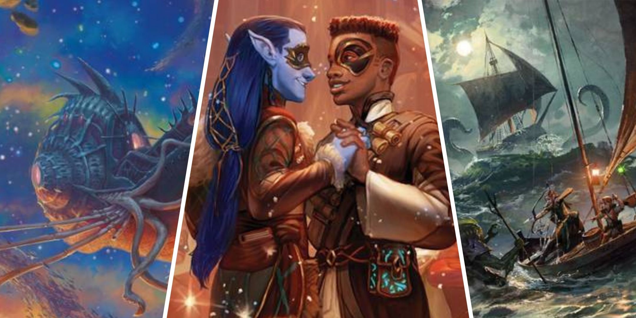 Split images of D&D art - alien spaceship, couple dancing, ship on the sea